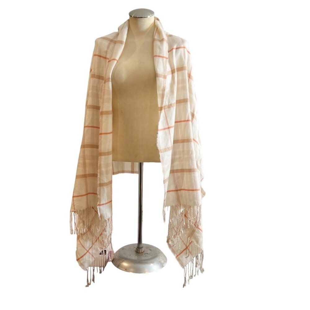 H&M Women's Plaid Fringe Scarf Wrap Shawl Cream Orange Tan - Picture 9 of 9